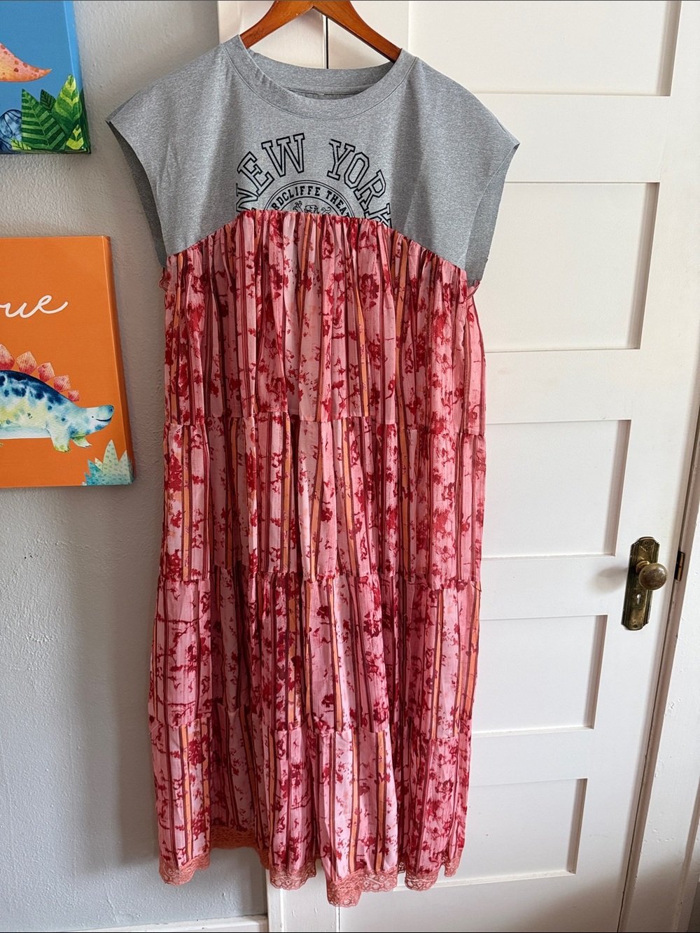SHEIN Gray Tee Bodice Pink & Red Floral Tiered Dress
